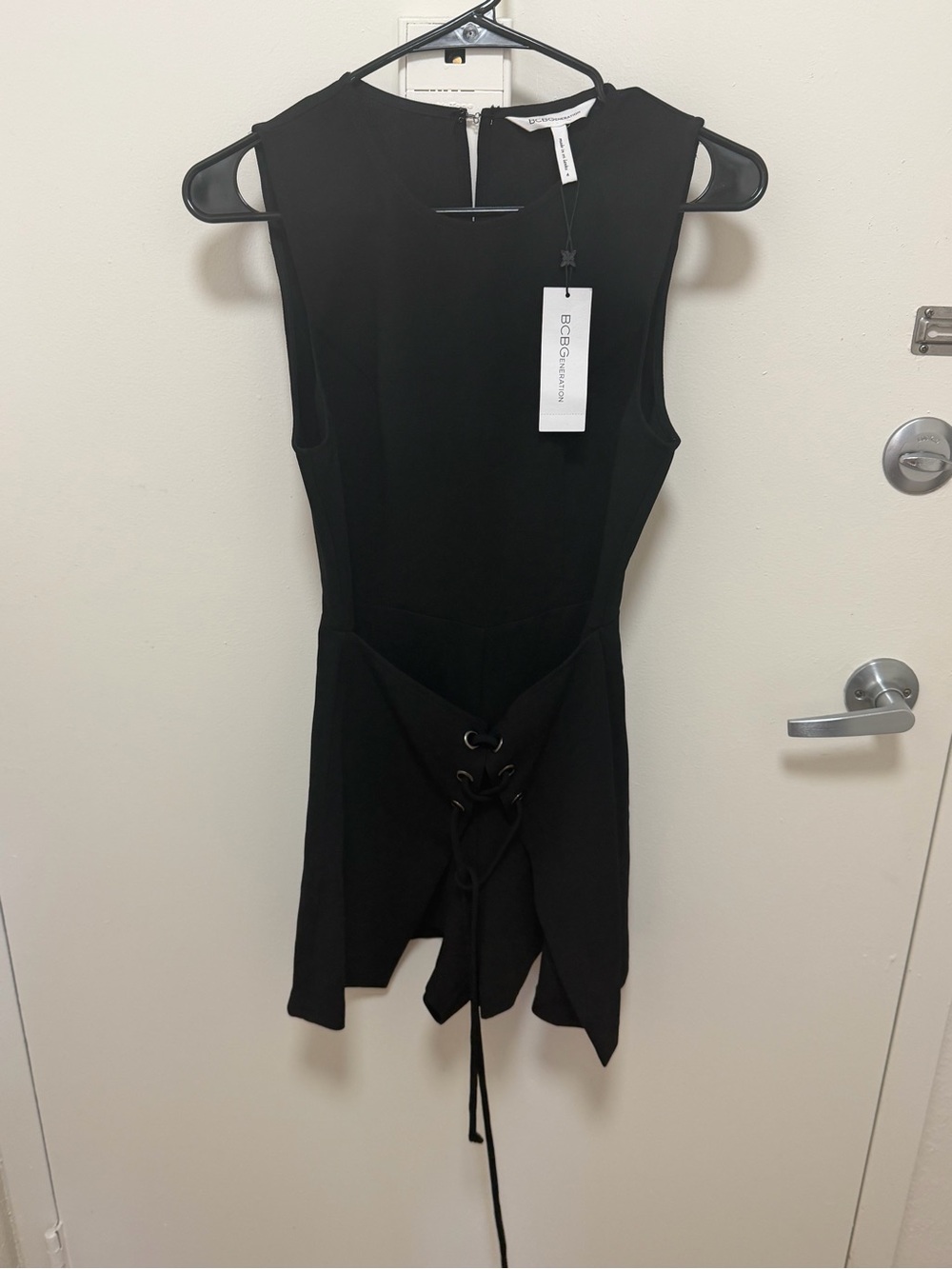 BCBGeneration Black Sleeveless Lace-Up Mini Romper